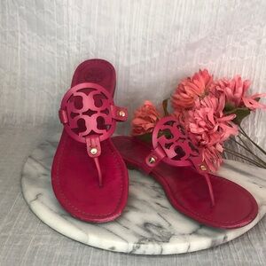 TORY BURCH Size 10 MILLER crimson hot pink matte leather thong slip ons sandals